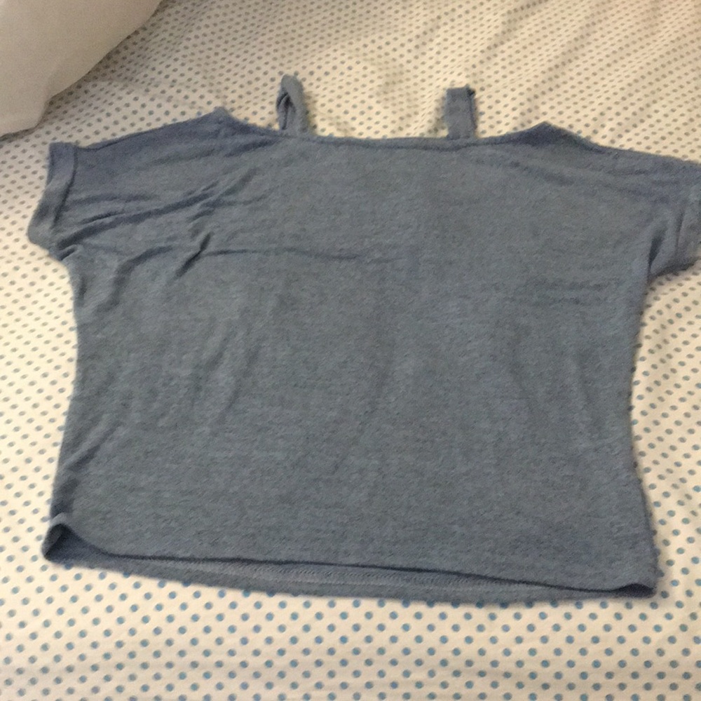 Blue, off the shoulder shirt